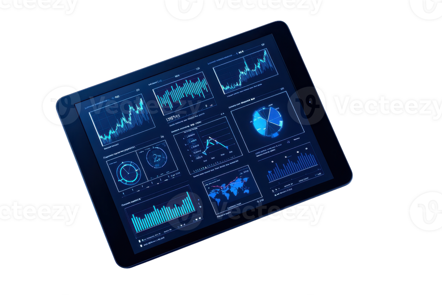 A high-tech tablet displaying various digital graphs and data visualizations. png