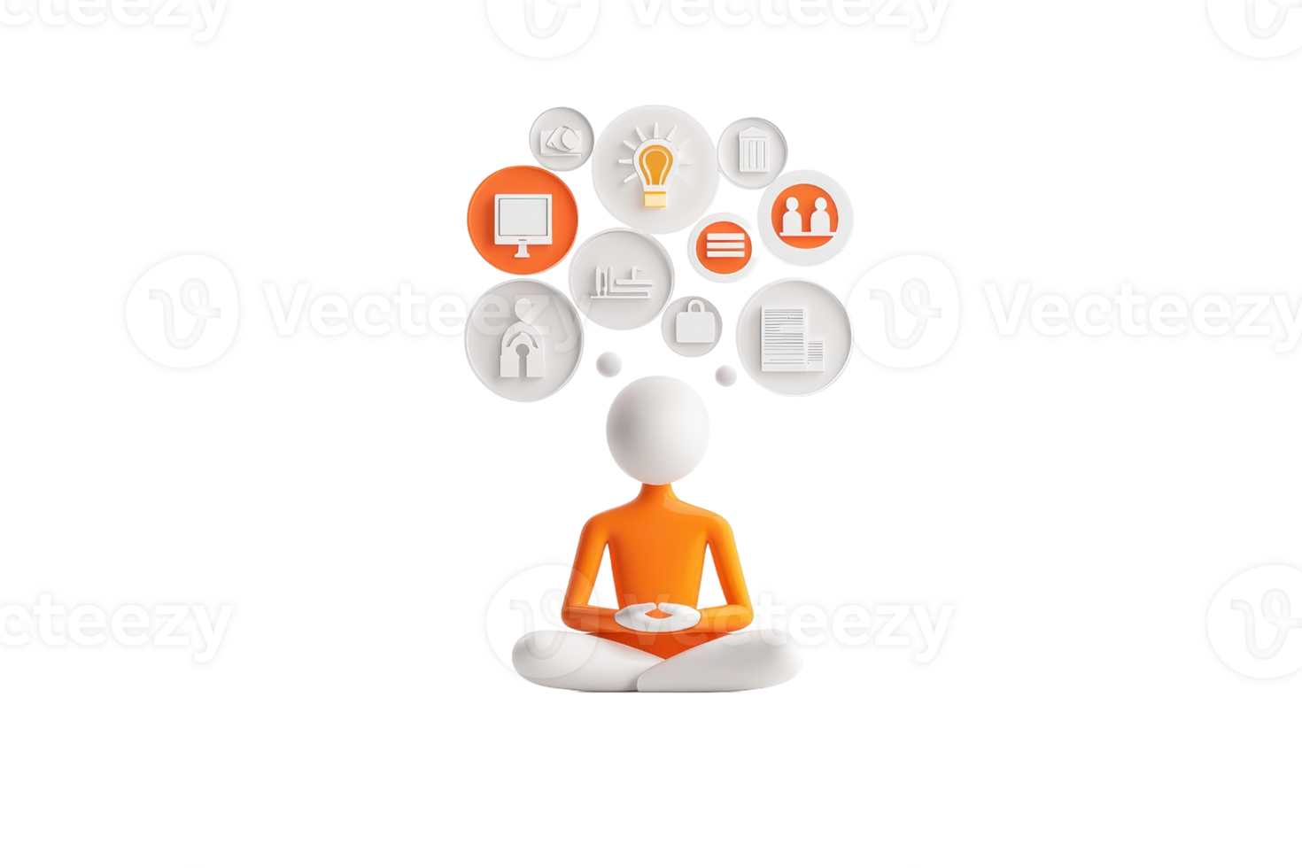 A meditating figure in orange, surrounded by thought bubbles containing various icons representing ideas and concepts. png