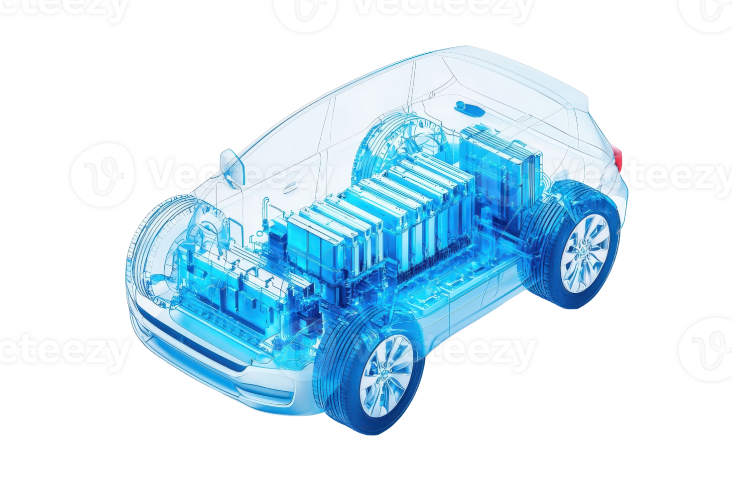 A detailed illustration of an electric car showcasing its internal components and battery layout. png