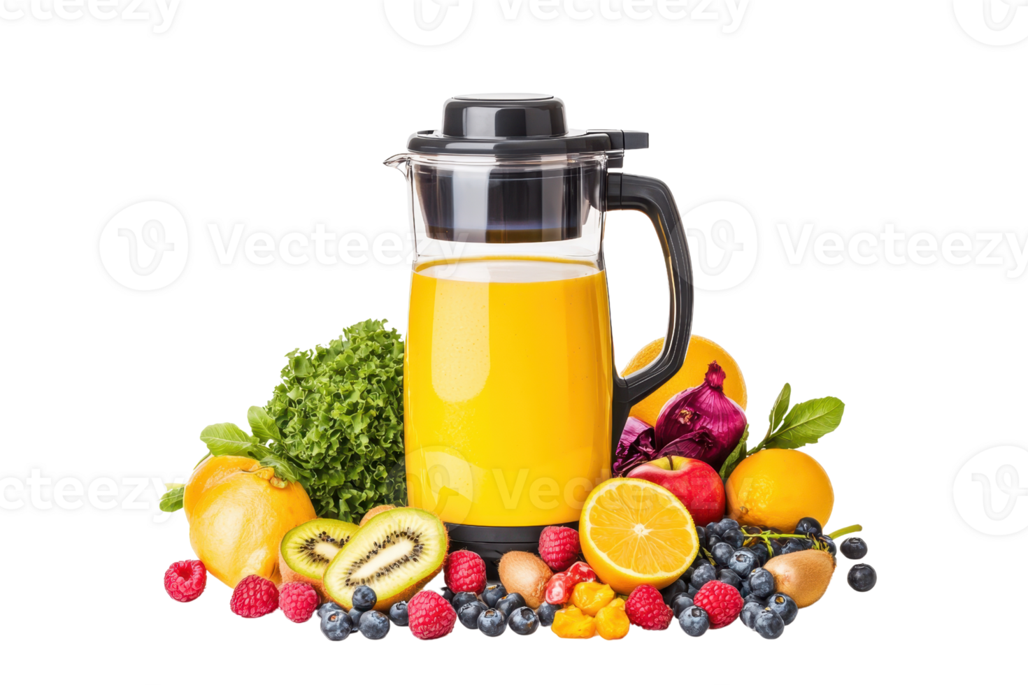 A vibrant pitcher filled with orange juice, surrounded by an assortment of fresh fruits and leafy greens. png