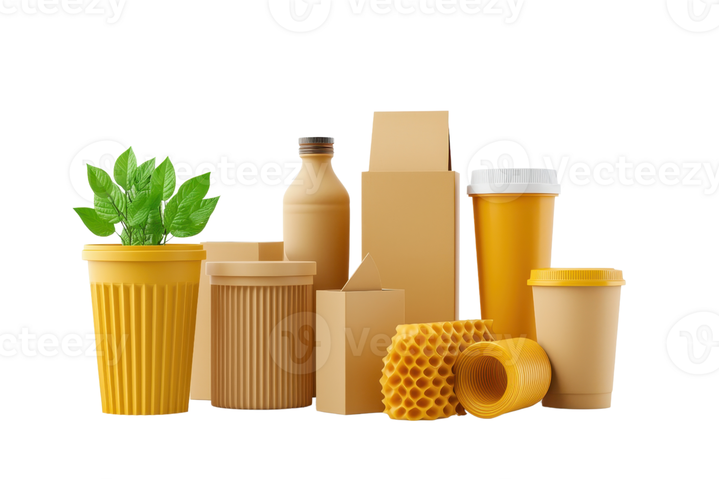 A collection of yellow packaging containers, including cups, boxes, and a plant, showcasing various shapes and textures. png