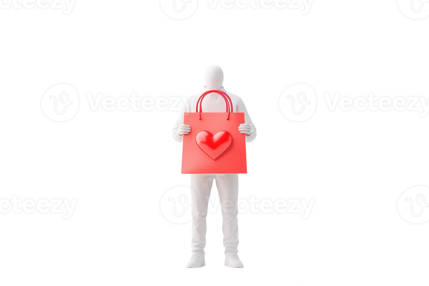 A white figure holds a large red shopping bag featuring a heart design, symbolizing love and consumerism. png
