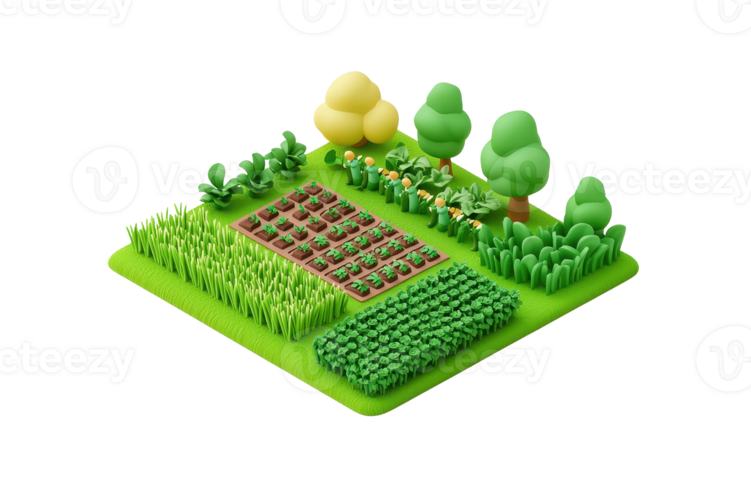 A colorful, stylized garden featuring rows of crops, trees, and bushes, all rendered in a playful, cartoonish style. png