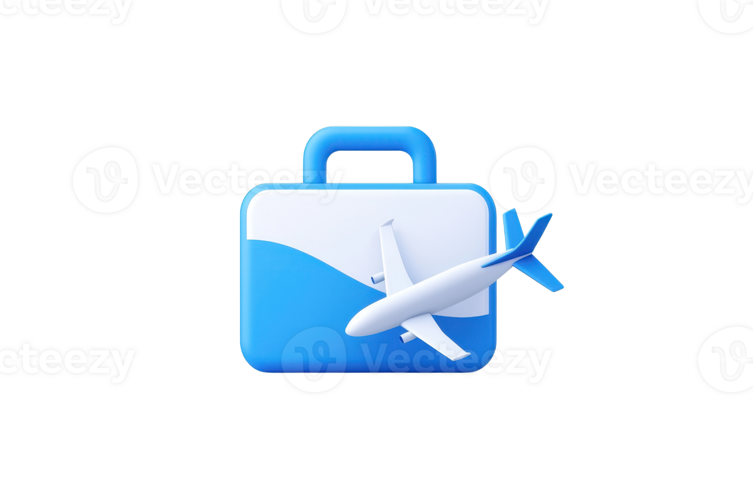 A blue and white suitcase with an airplane design, symbolizing travel and adventure. png