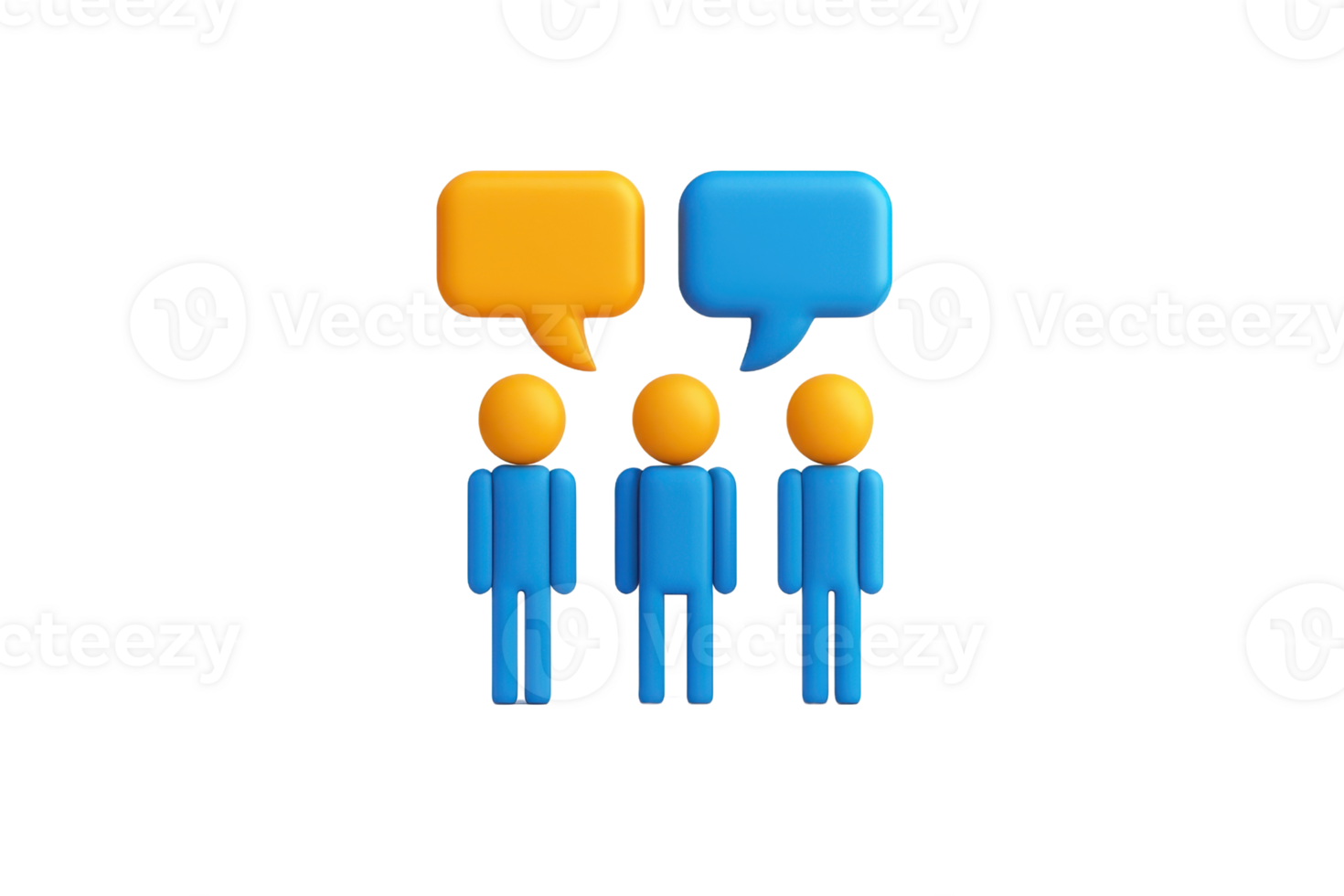Three figures engaged in conversation, accompanied by colorful speech bubbles. png