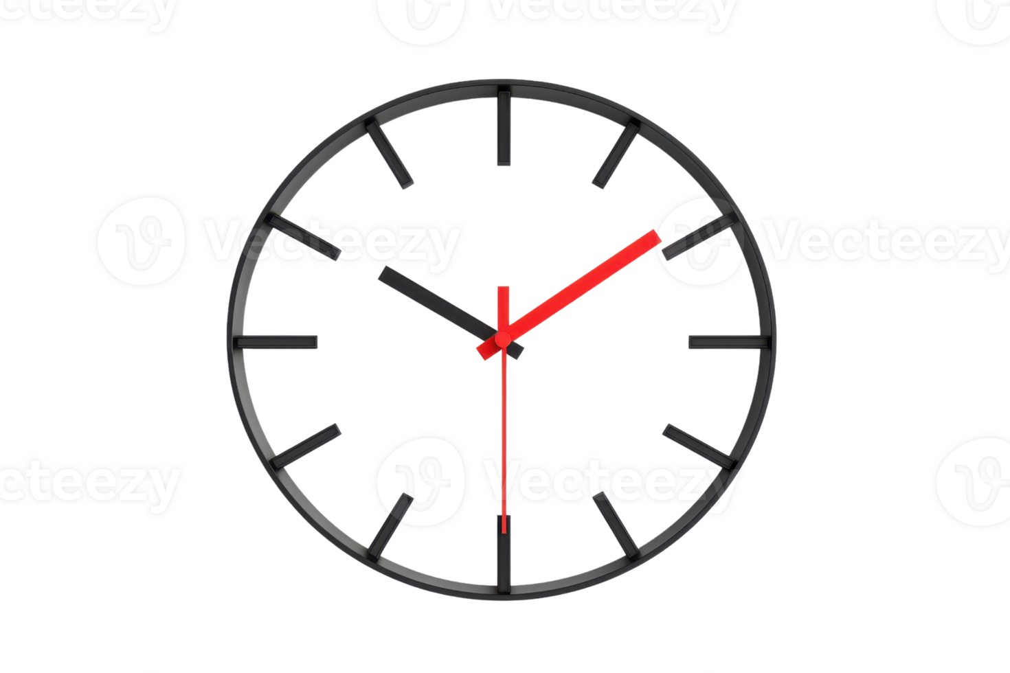 A minimalist black clock with red hands indicating the time. png