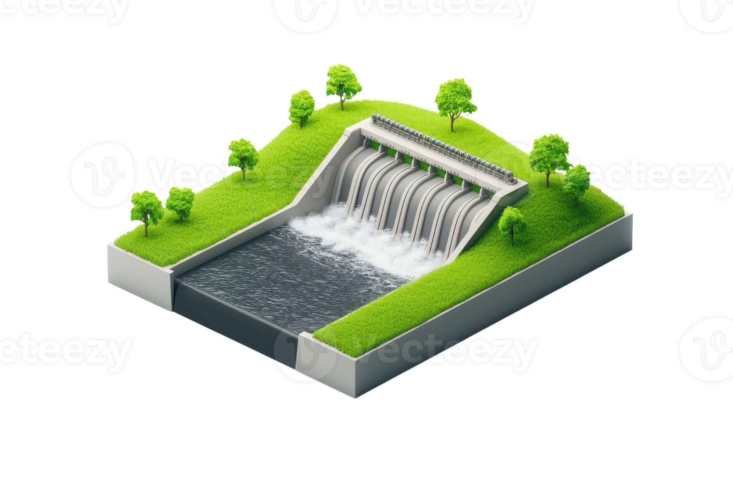 A miniature model of a waterfall cascading down multiple tiers, surrounded by lush greenery and a serene water surface. png