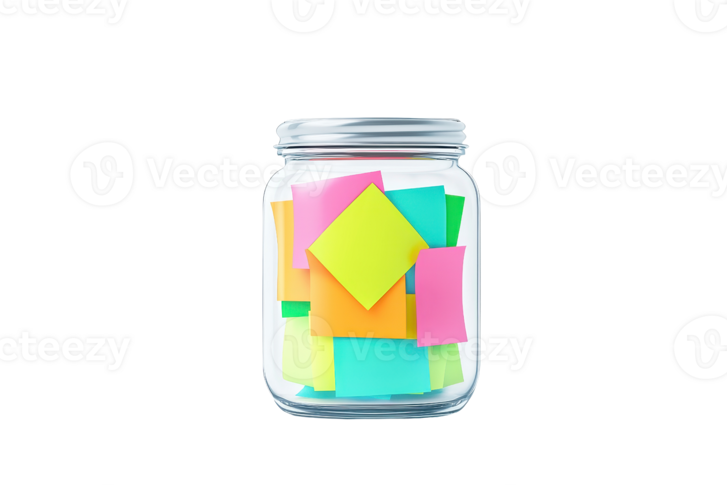 A glass jar filled with colorful sticky notes in various shapes and sizes. png