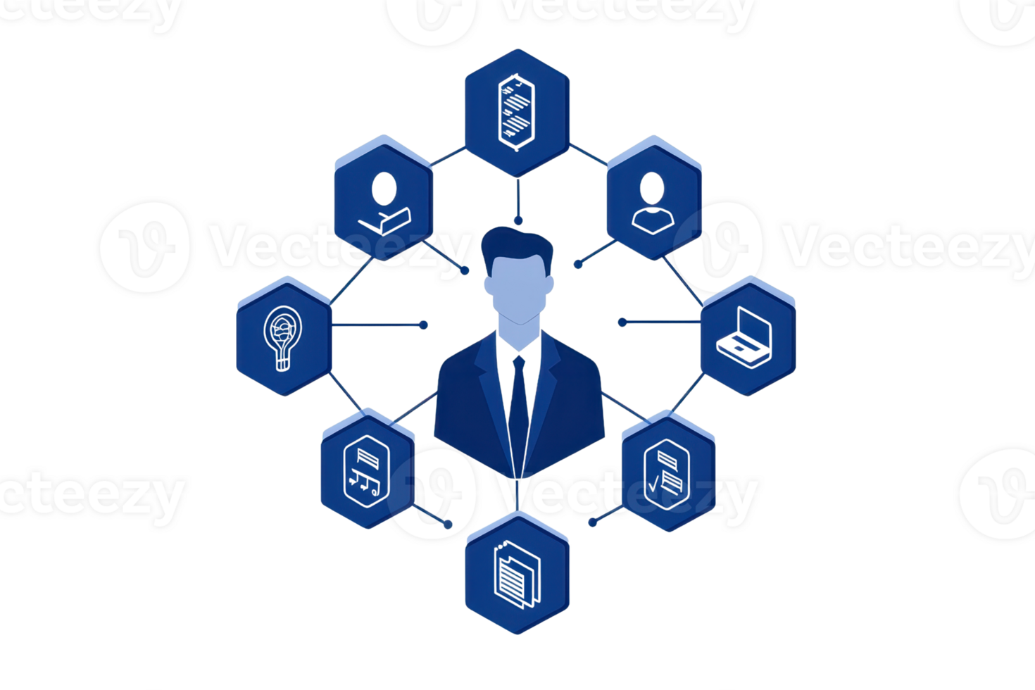 A central figure in a suit surrounded by hexagonal icons representing various technology themes and concepts. png