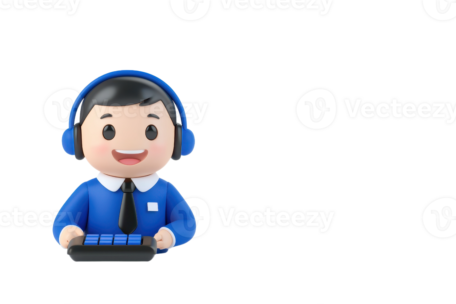 A cheerful cartoon character wearing headphones and a blue shirt, engaged with a keyboard. png