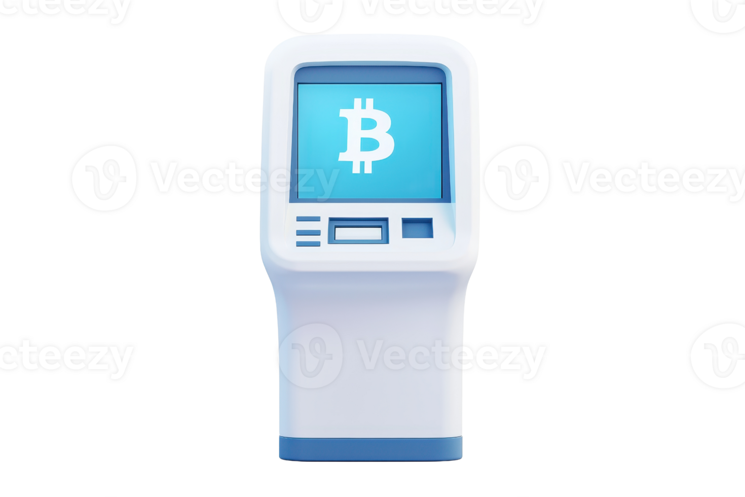 A modern Bitcoin ATM with a digital screen displaying the Bitcoin logo, designed for cryptocurrency transactions. png