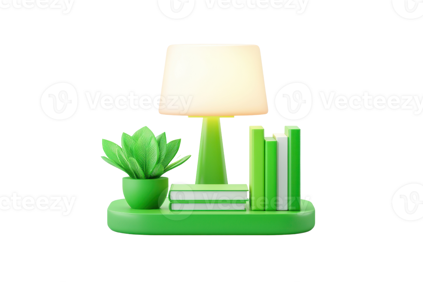 A vibrant green lamp, accompanied by a plant and stacked books, creates a stylish and inviting desk arrangement. png