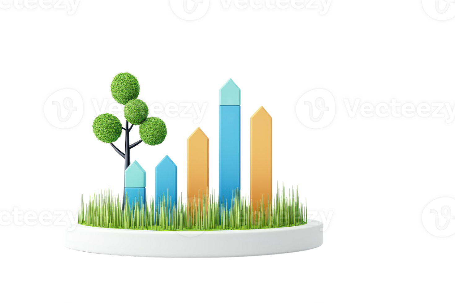 A modern, stylized representation of colorful bar graphs and a small tree, set on a green lawn. png