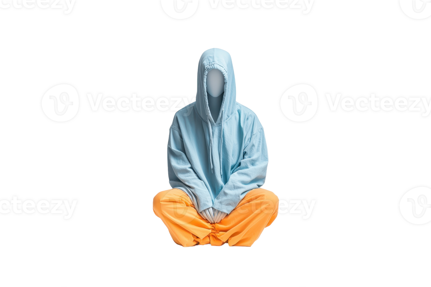 A figure in a blue hoodie and orange pants sits cross-legged, with a blank face, conveying a sense of calmness and introspection. png