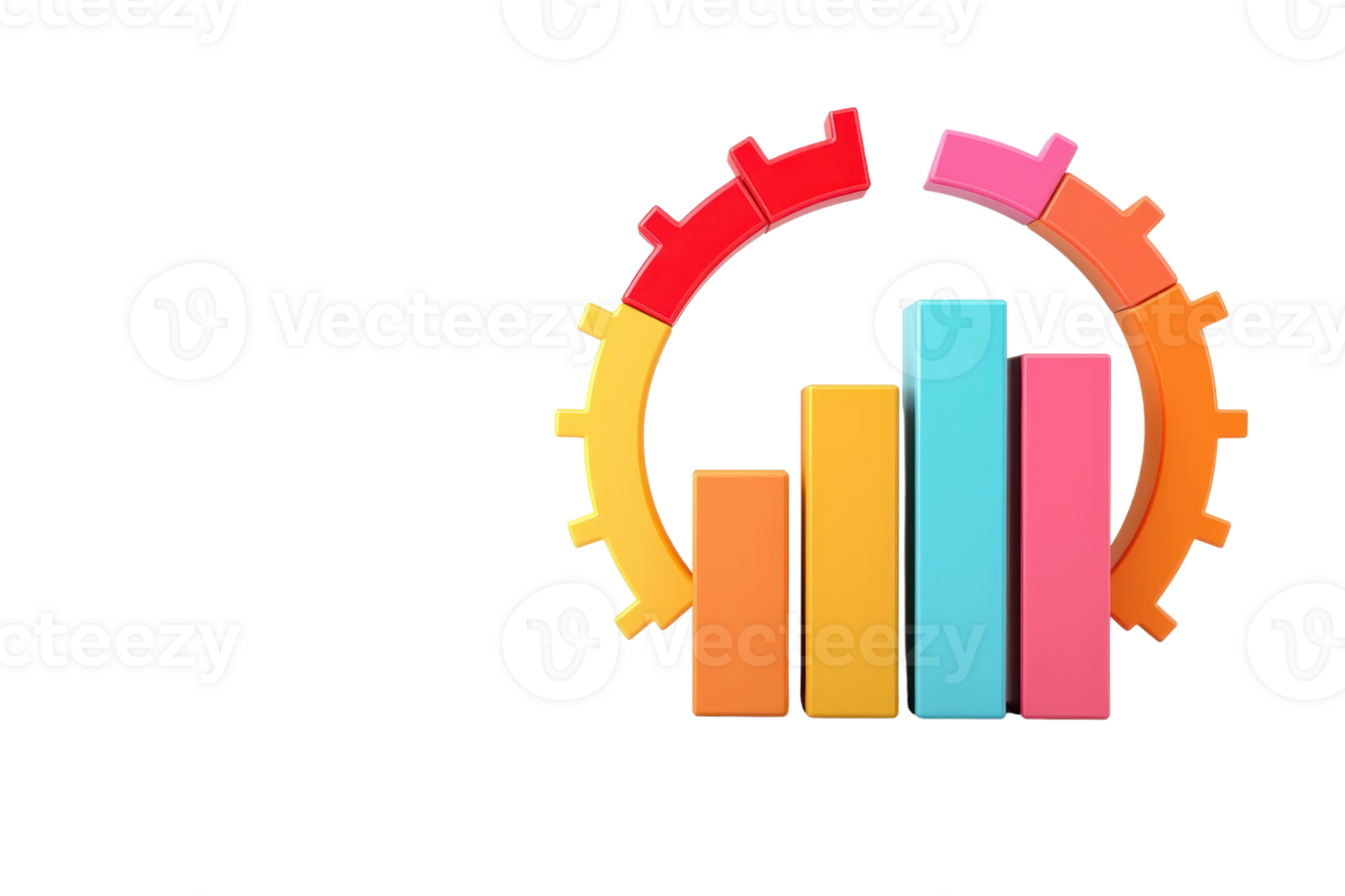 A colorful bar chart with varying heights and a gear-like design surrounding it, symbolizing data analysis and performance metrics. png