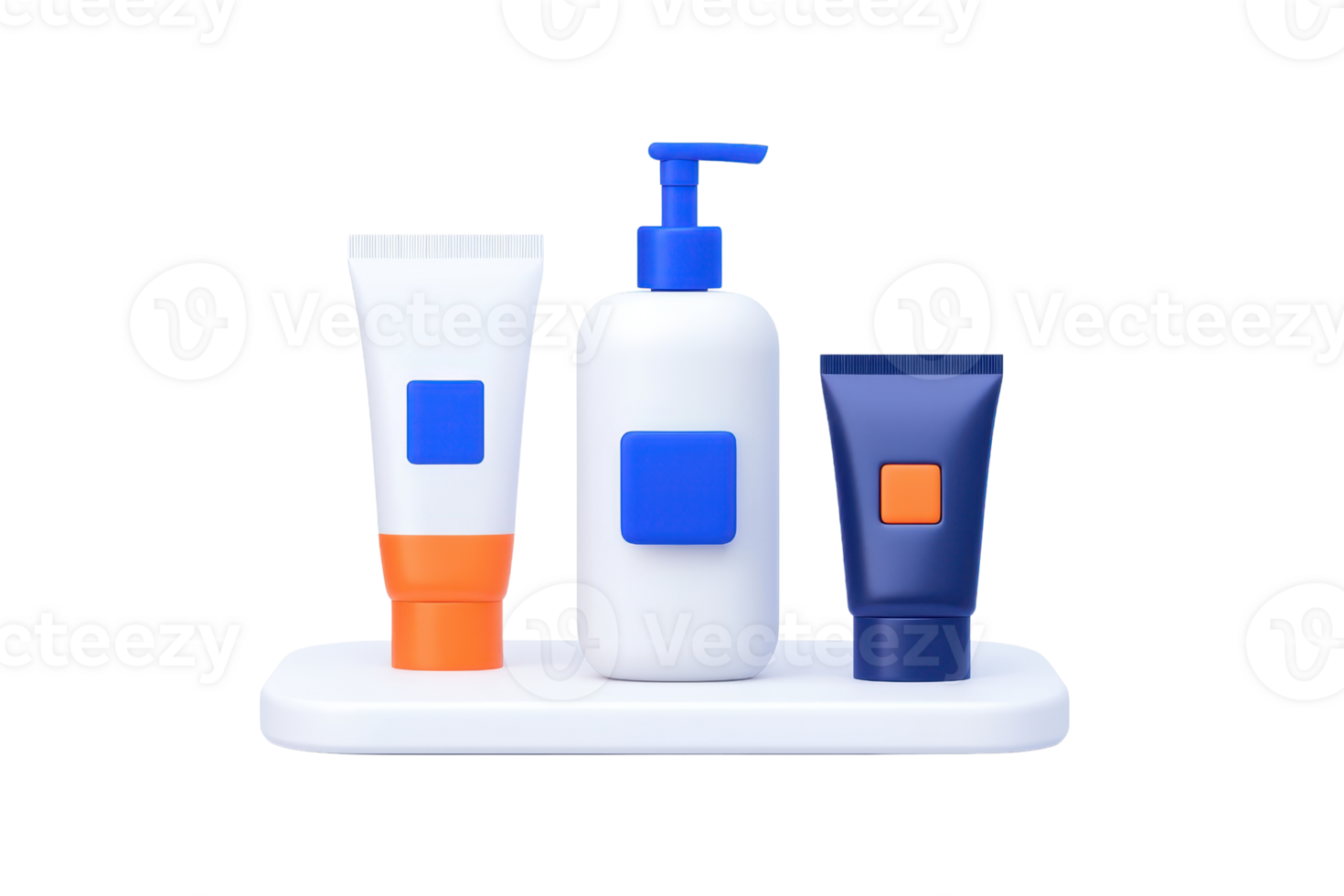 A set of three skincare products in various containers, including a tube, a pump bottle, and a small tube, featuring bold colors and minimalist design. png