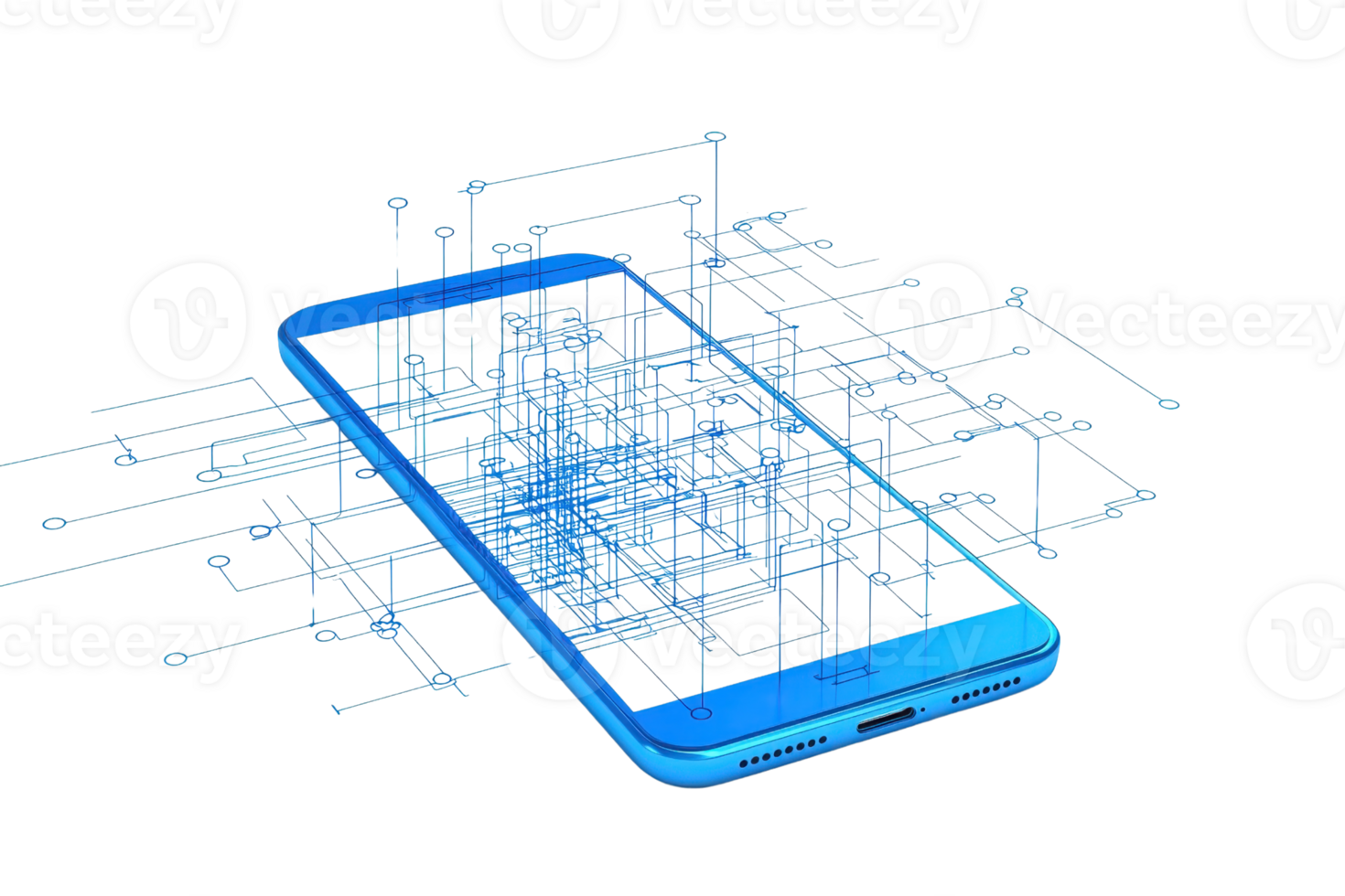 A sleek smartphone design featuring a digital network of lines and circuits, representing advanced technology and connectivity. png
