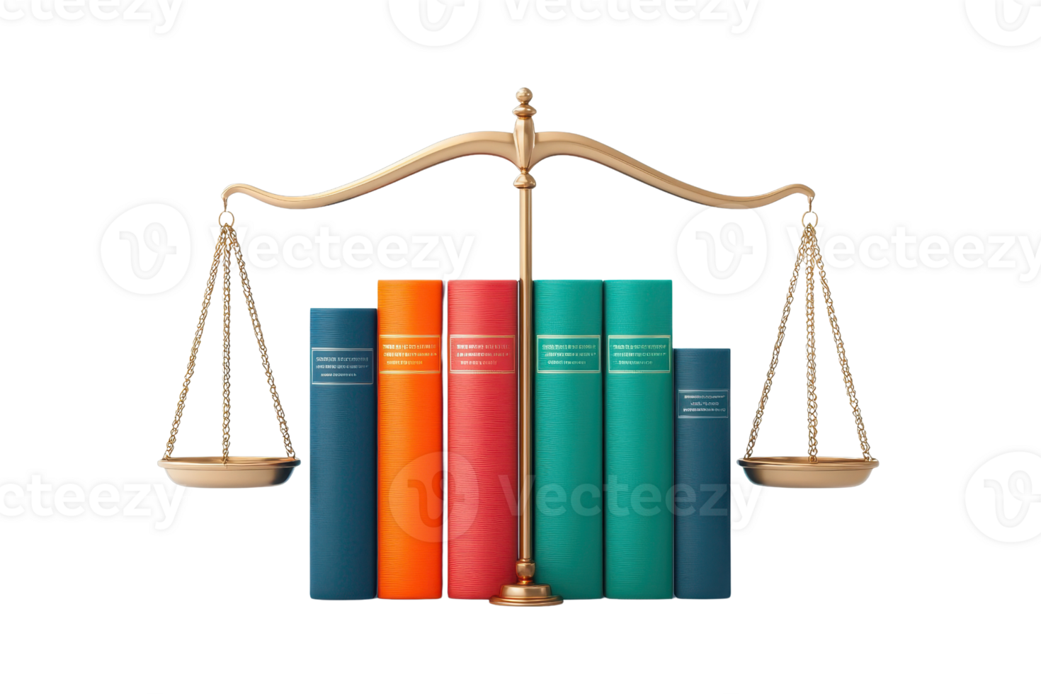 A balanced scale placed in front of a collection of colorful law books. png