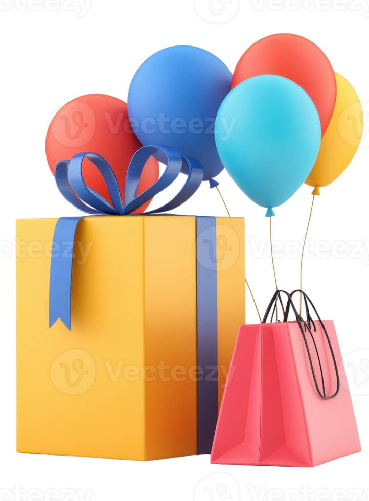 A vibrant yellow gift box with a ribbon, accompanied by colorful balloons and a pink shopping bag. png