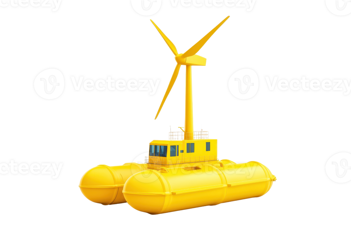 A bright yellow floating platform with a wind turbine, designed for renewable energy generation on water. png