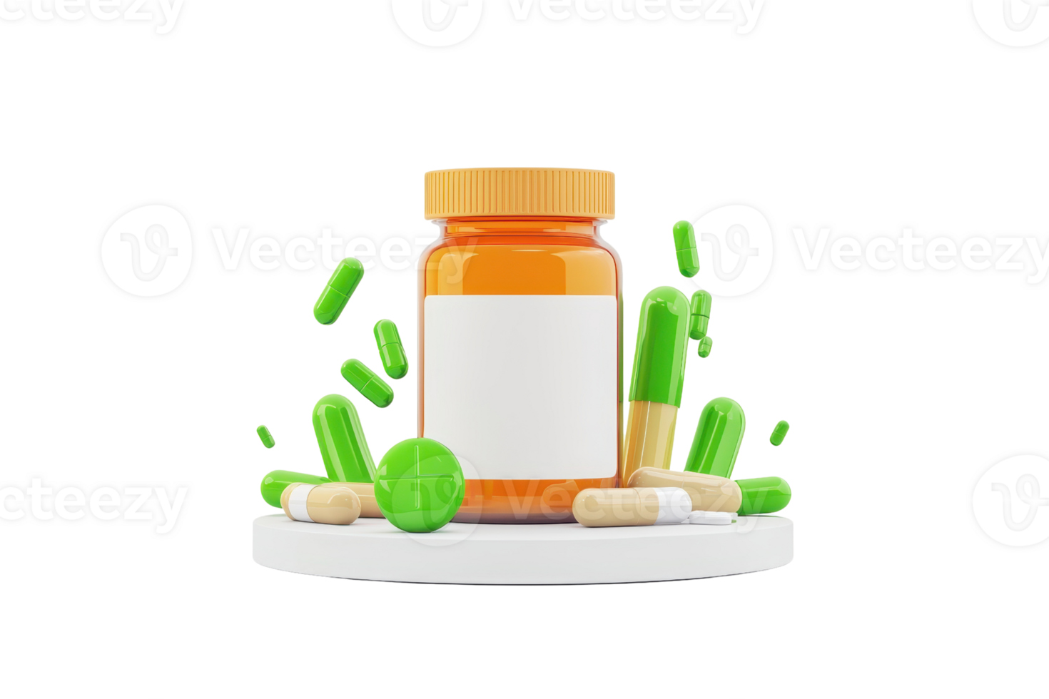 A vibrant bottle of capsules surrounded by colorful pills, emphasizing health and wellness. png