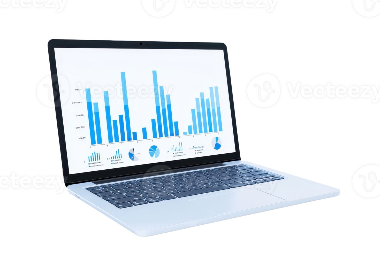A laptop displaying colorful bar graphs and charts, emphasizing data analysis and visualization. png