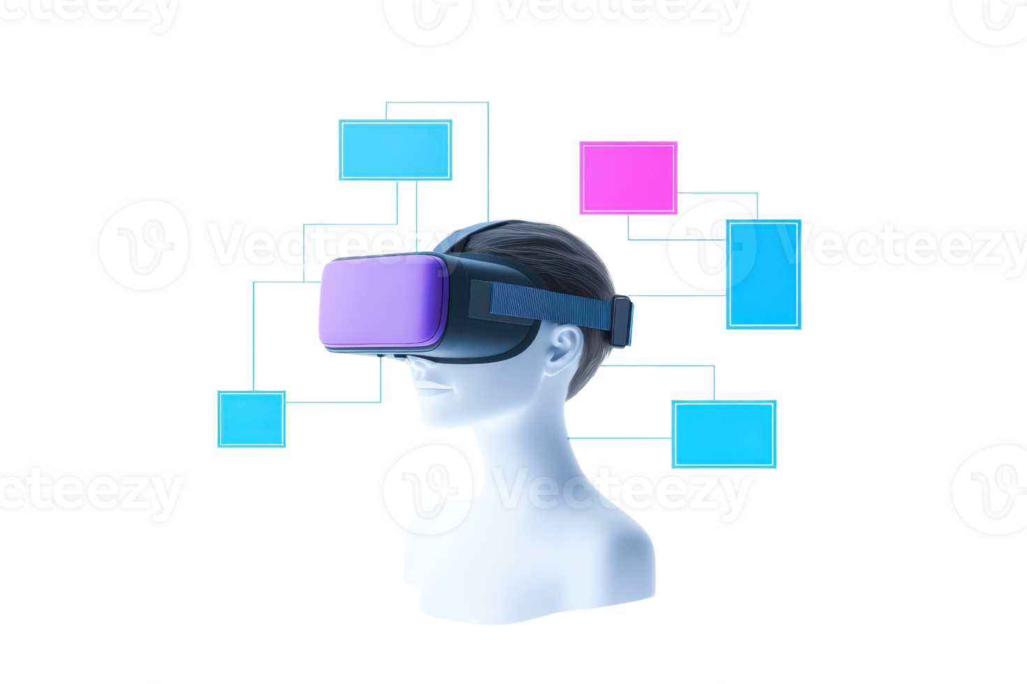 A virtual reality headset worn by a mannequin, highlighting immersive technology and digital interaction. png