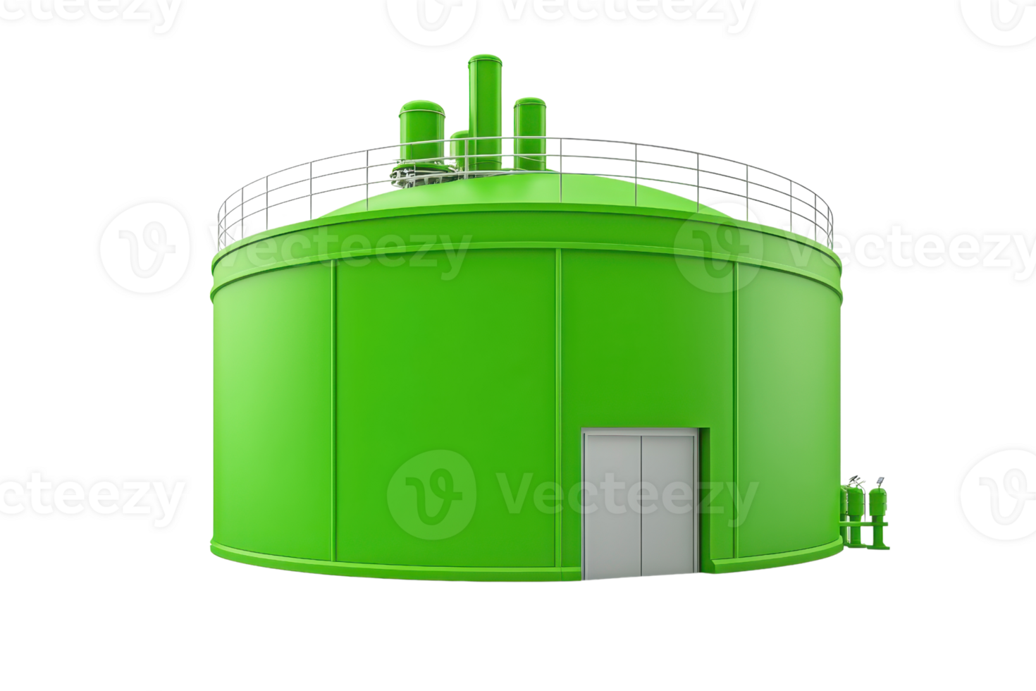 A large green storage tank with multiple pipe fittings and a door, designed for industrial or agricultural use. png