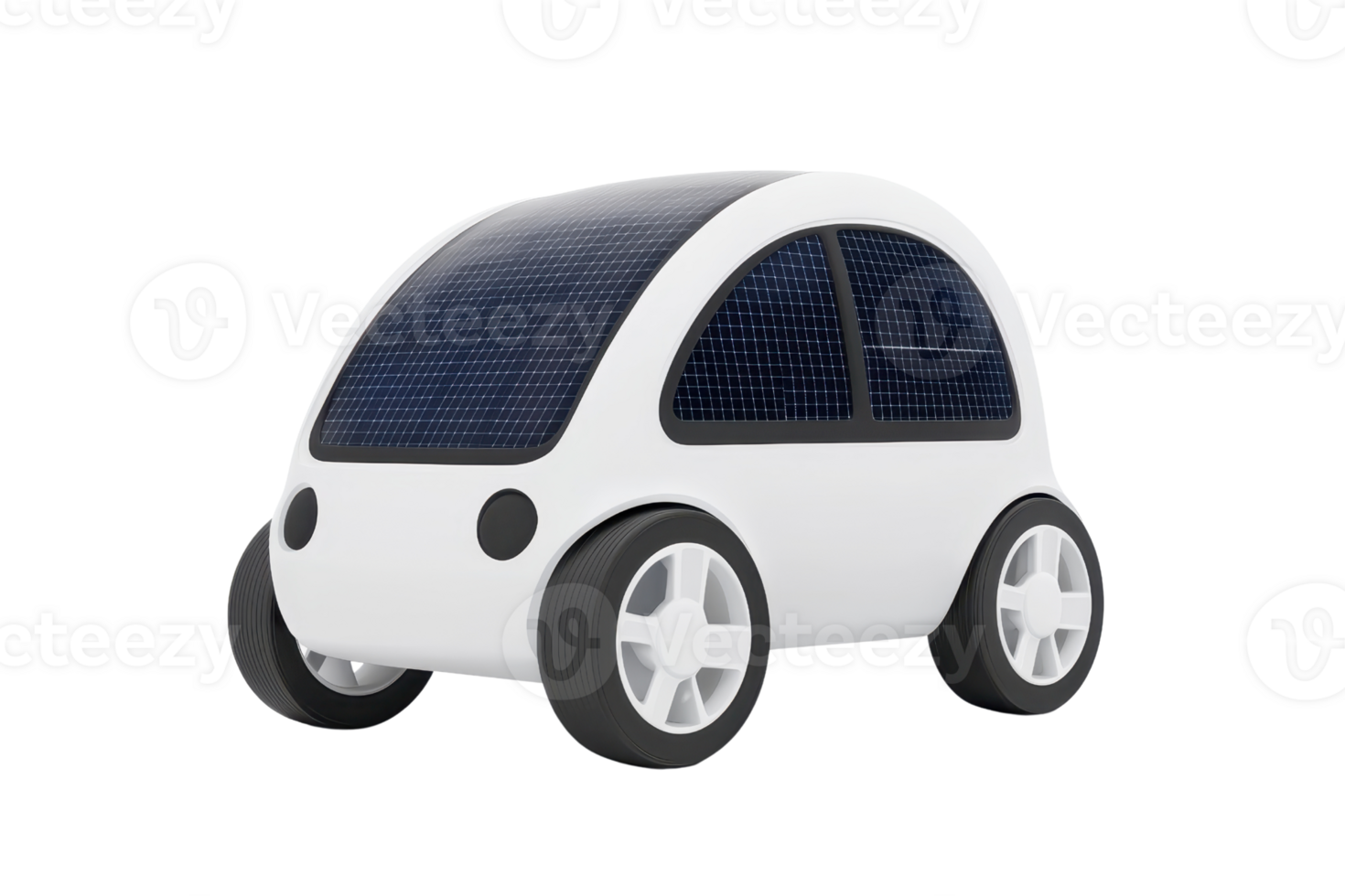 A compact, futuristic car featuring a solar panel roof and rounded design, emphasizing eco-friendly transportation. png