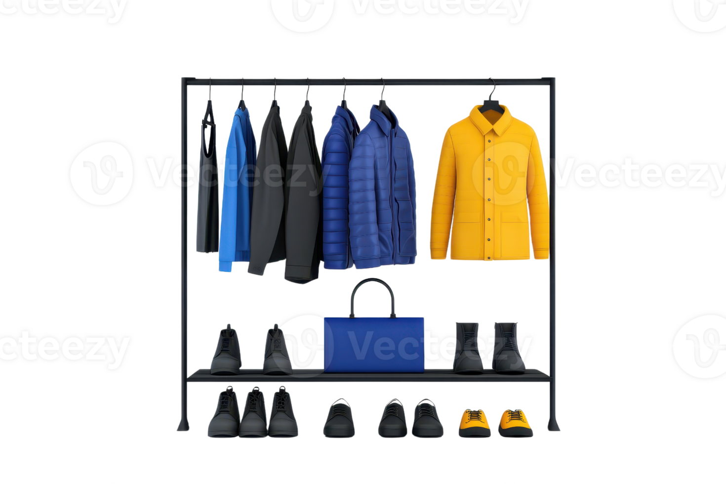 A collection of stylish jackets, a bright yellow coat, a blue handbag, and a variety of footwear arranged neatly on a display rack. png