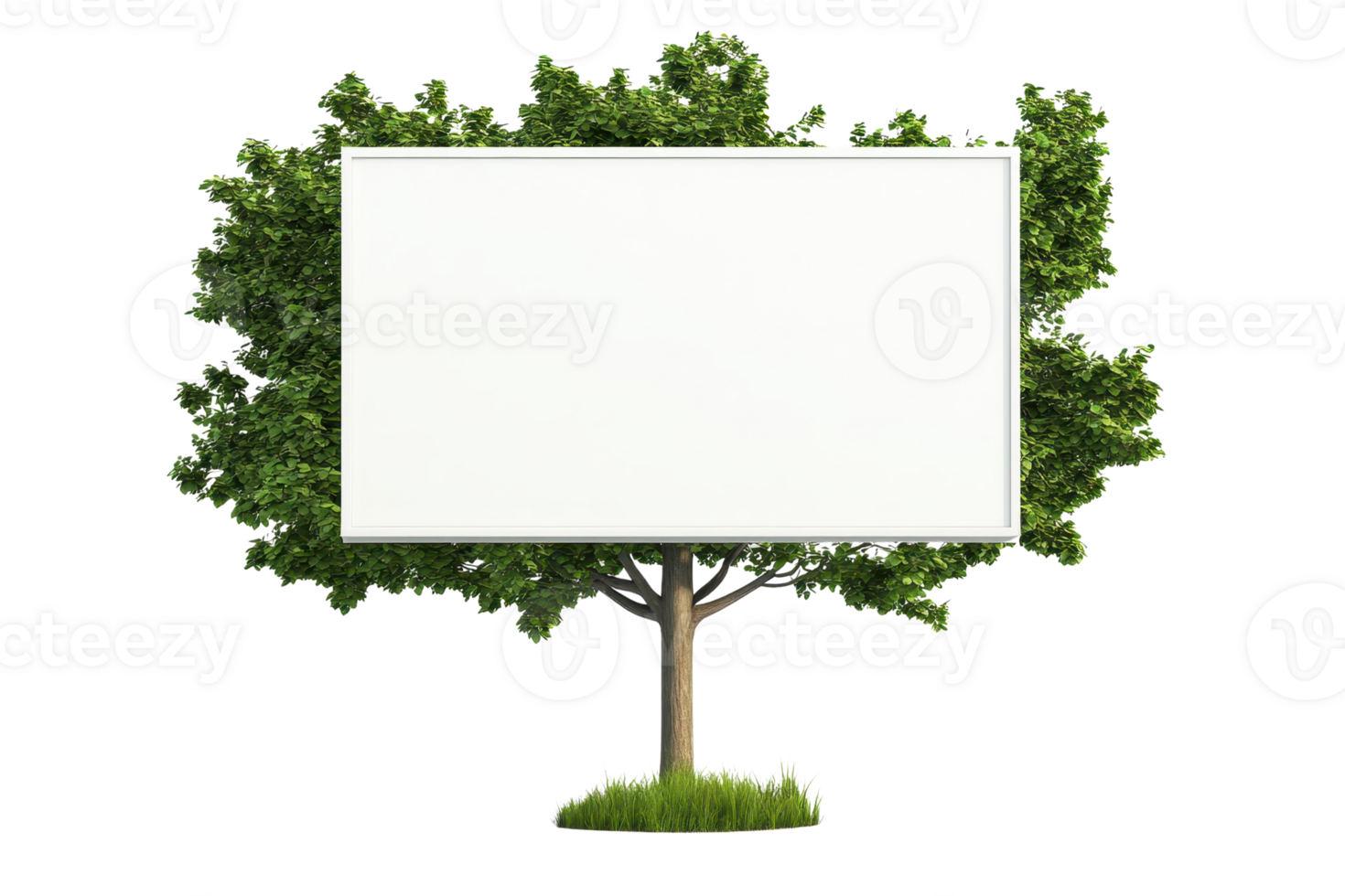 A tree with a blank sign board in the center, serving as a canvas for messages or advertisements. png