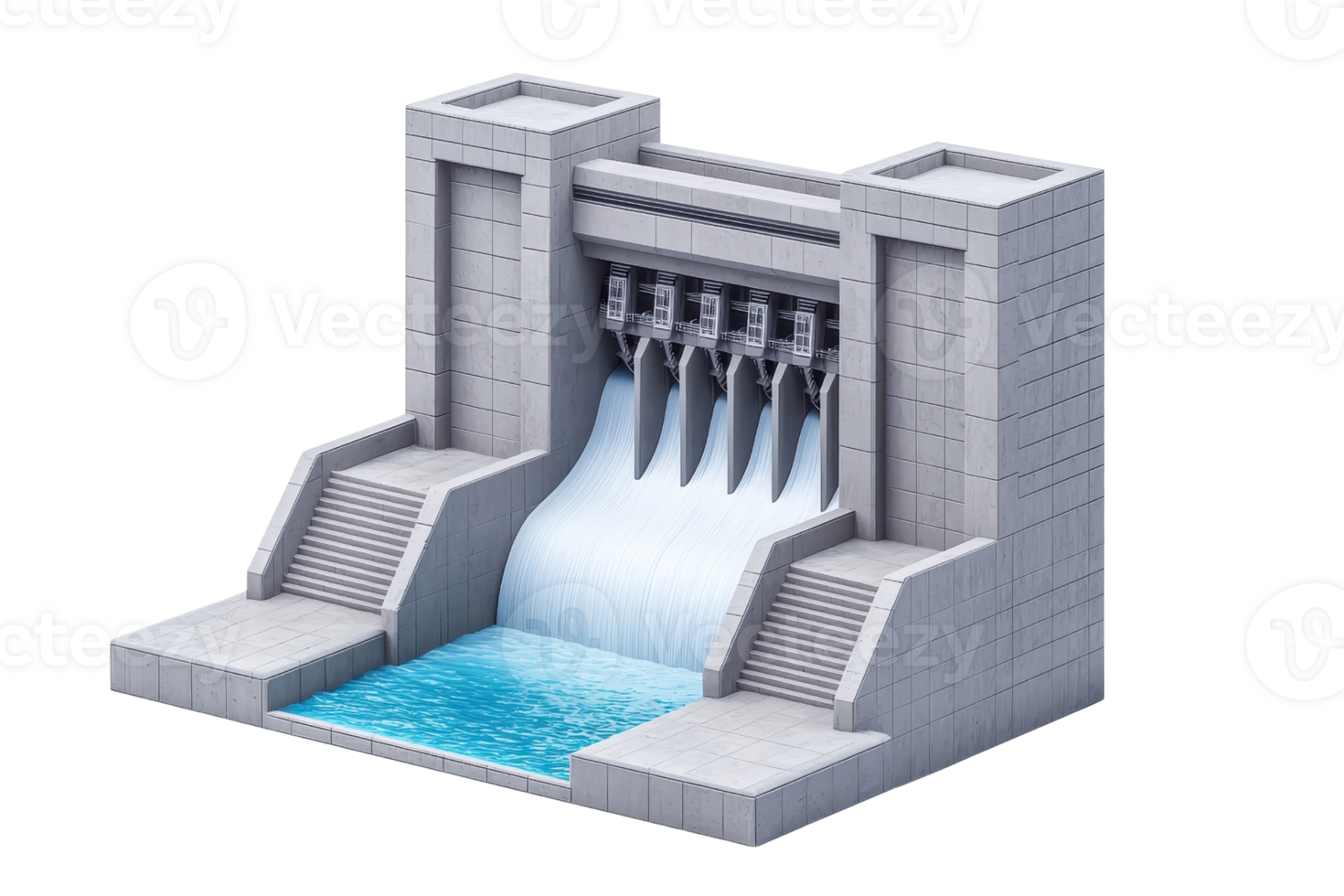 A modern dam structure with flowing water, featuring steps and multiple outlets for water release. png