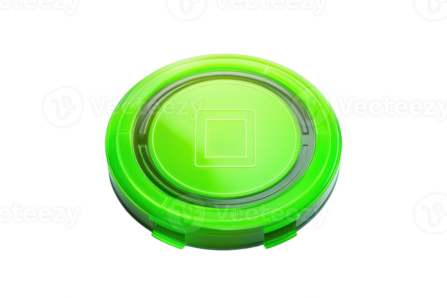 A vibrant green circular object with a smooth surface and a raised square design in the center. png