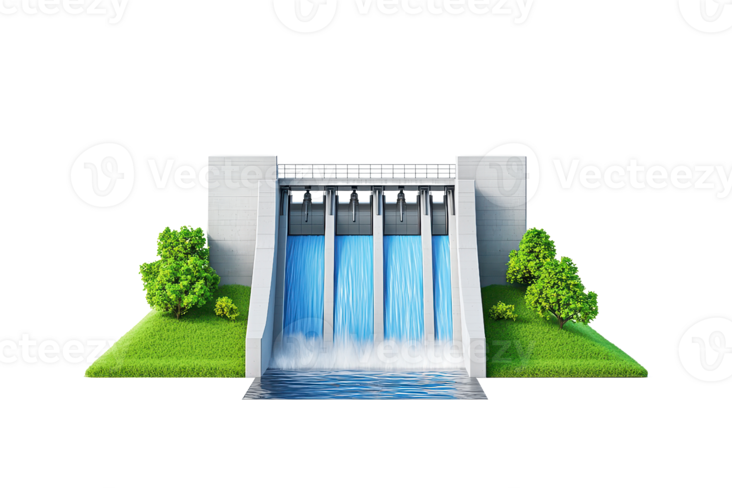 A modern dam structure with water flowing from multiple gates, flanked by greenery and a grassy area. png