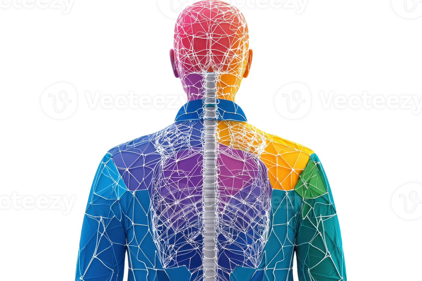 A colorful representation of a human figure highlighting the spine and internal structures through a network design. png
