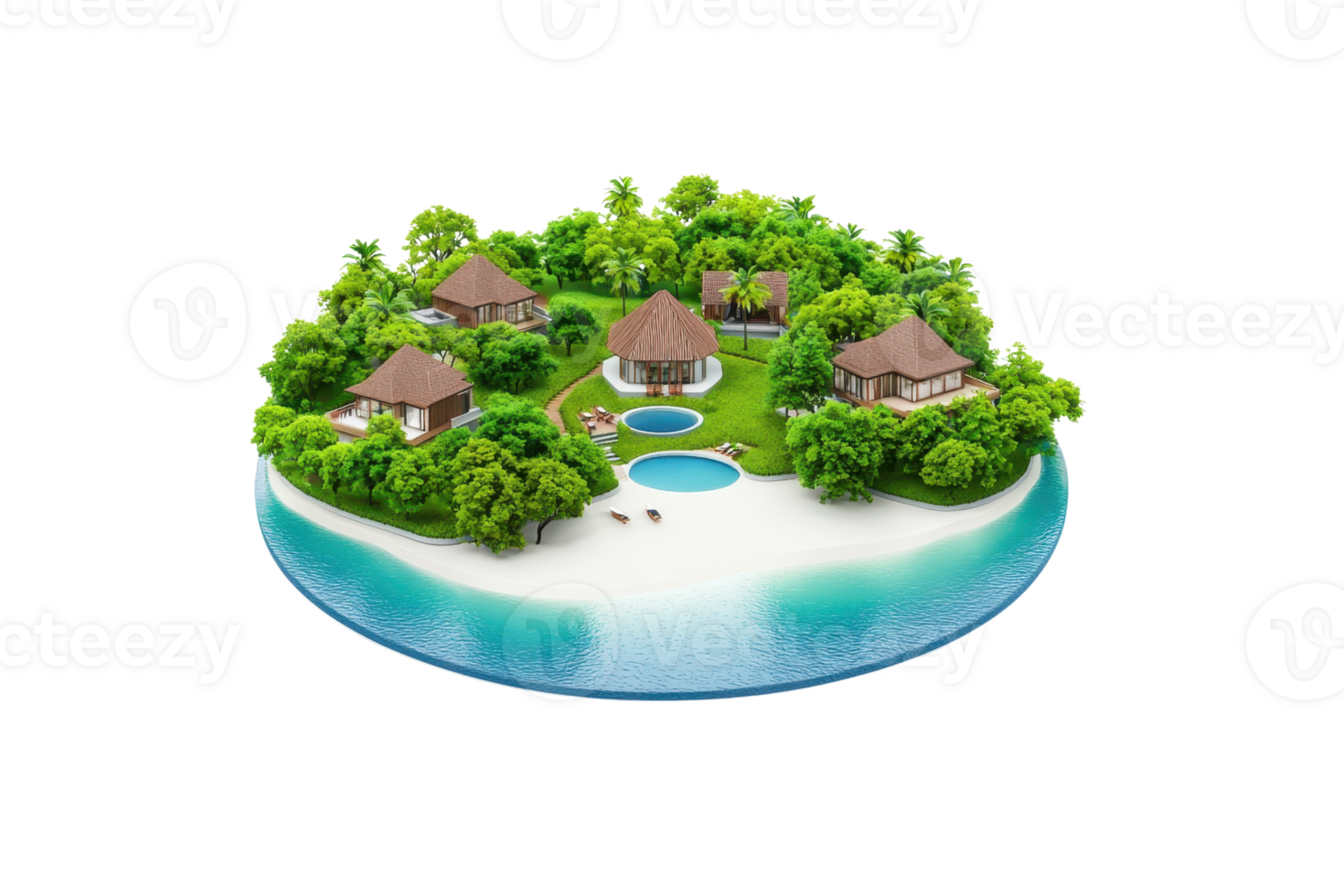 A tropical island resort featuring multiple villas, pools, and lush greenery, surrounded by sandy beaches and clear water. png