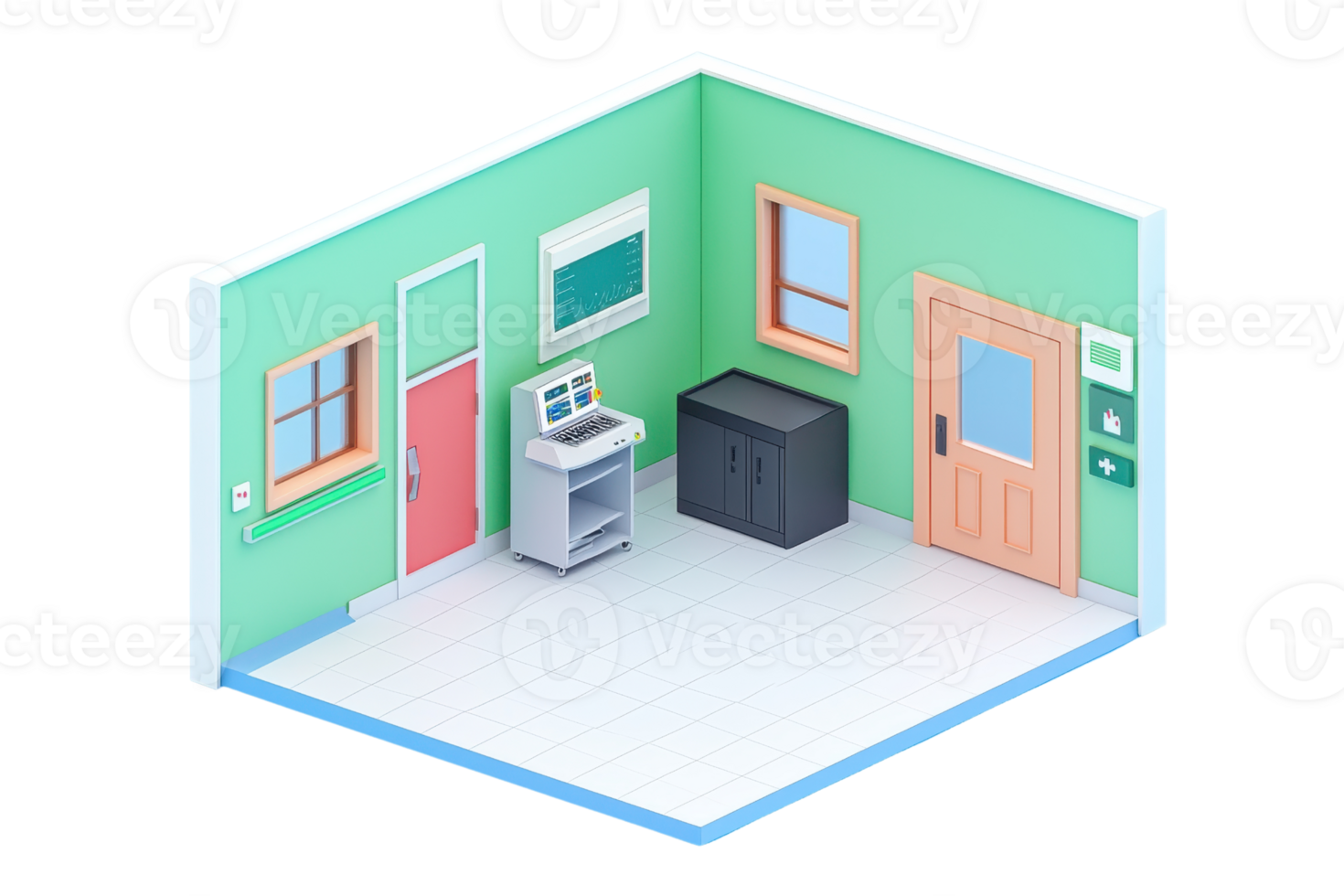 A colorful room featuring a black cabinet, medical cart, windows, and a door, designed in a modern, isometric style. png