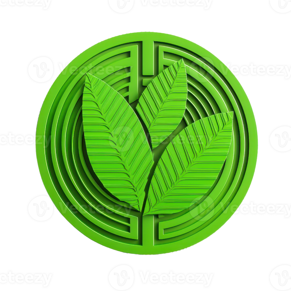 A circular emblem featuring three green leaves arranged within a maze pattern, symbolizing nature and growth. png