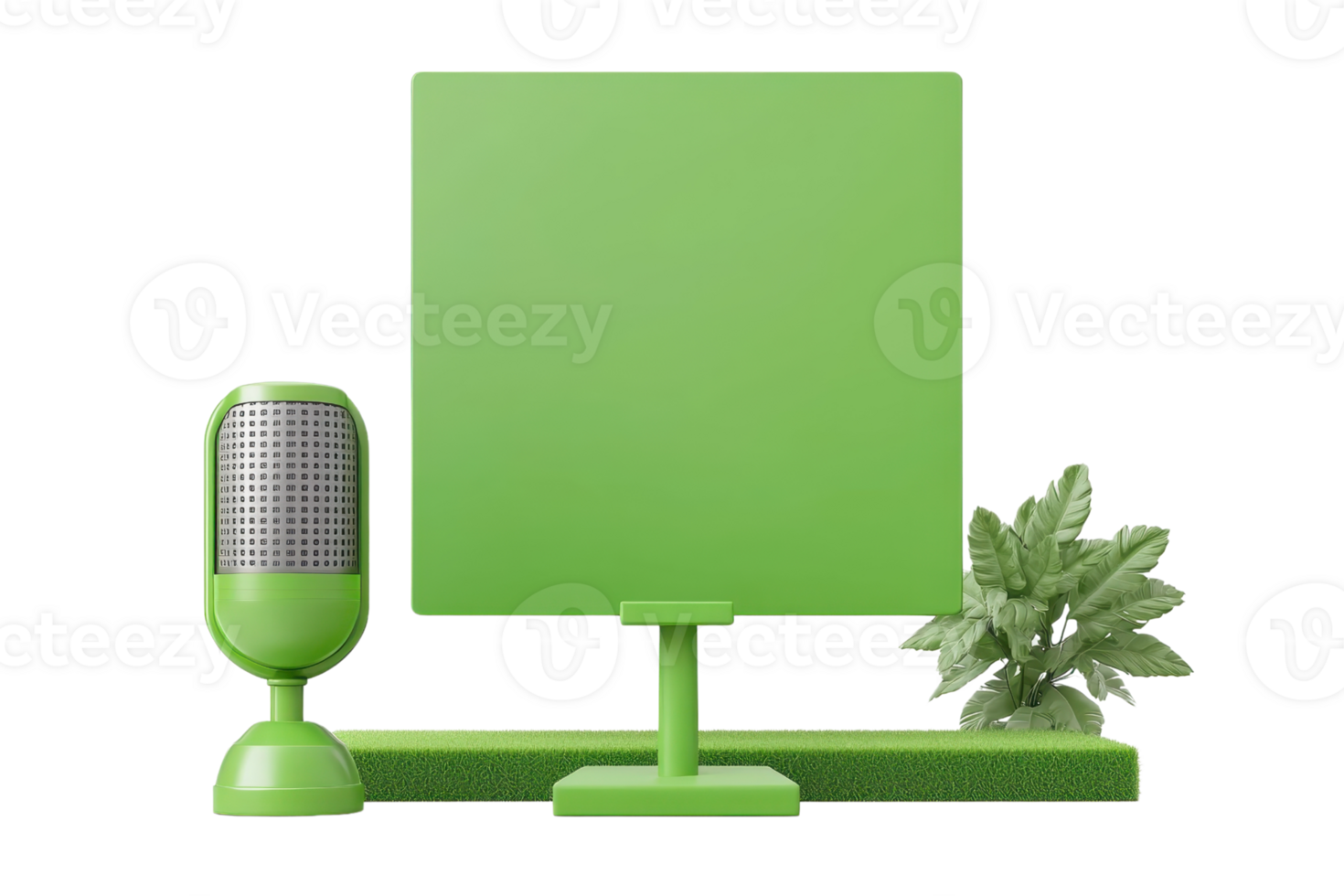 A vibrant green microphone stands beside a square display, complemented by a plant, creating a fresh and modern aesthetic. png