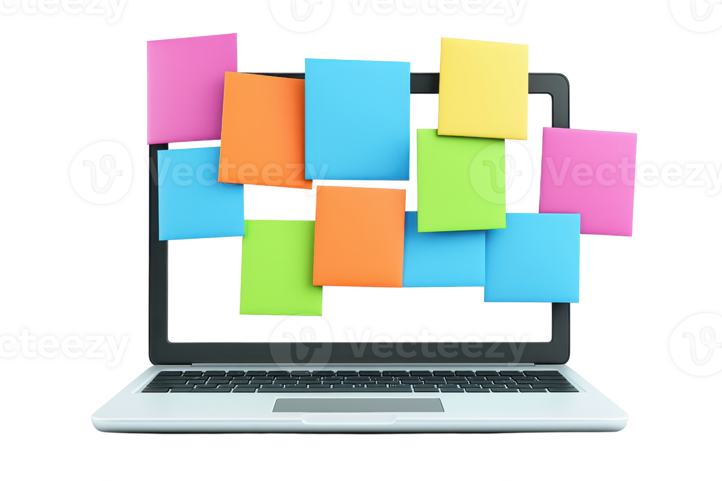 A laptop with colorful sticky notes arranged creatively on its screen, showcasing a vibrant display of organization and ideas. png