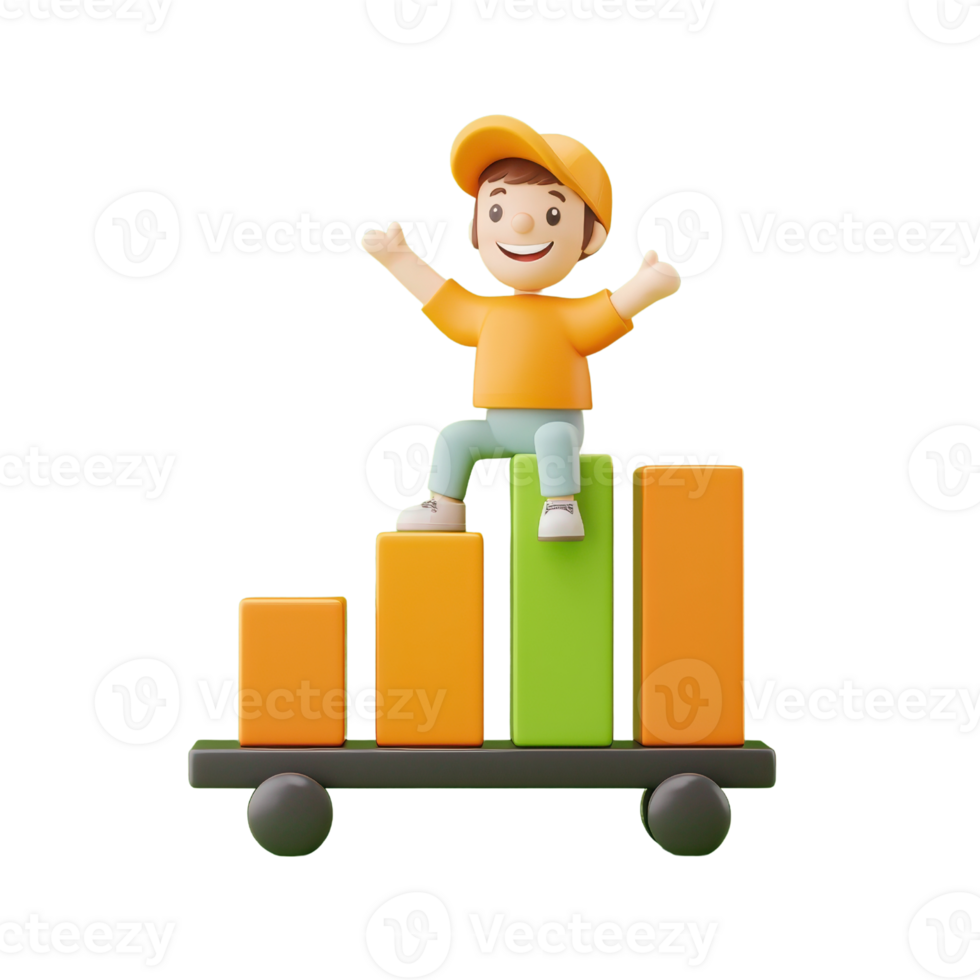 A cheerful character stands on colorful bar charts, symbolizing growth and success in a playful, animated style. png