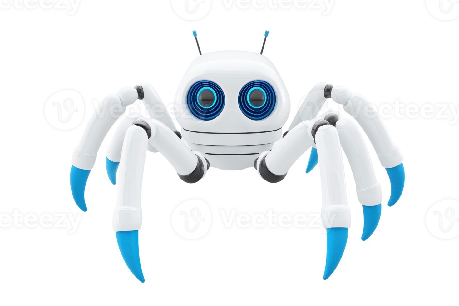 A stylized robotic spider with white body and blue accents, featuring large expressive eyes and articulated limbs. png