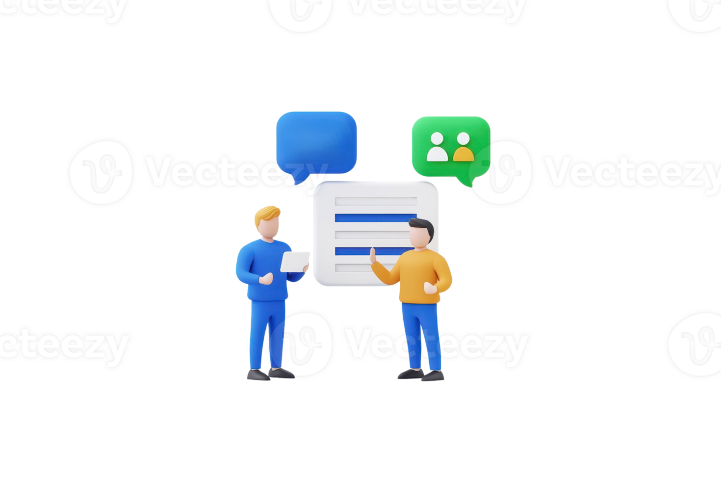 Two individuals engage in a discussion, with speech bubbles indicating conversation and a central data display. png