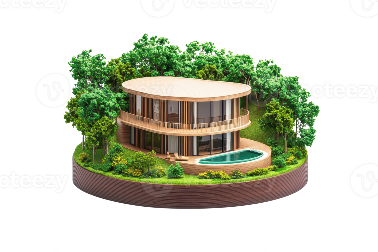 A modern architectural model of a house surrounded by greenery, featuring large windows and a swimming pool. png