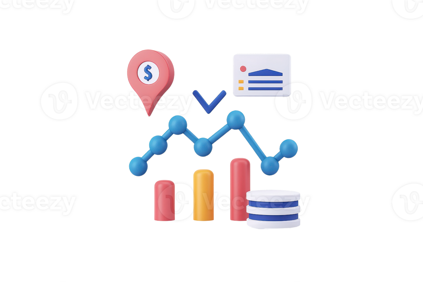 A colorful representation of a data visualization with graphs, charts, and monetary indicators. png