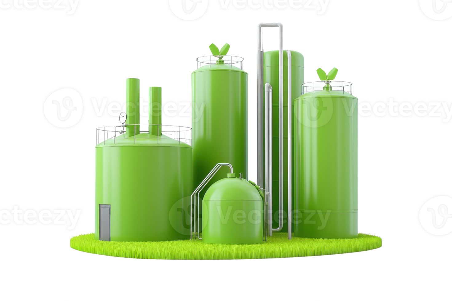 A collection of green industrial tanks and silos with small leaves, symbolizing eco-friendly practices and sustainability in manufacturing. png