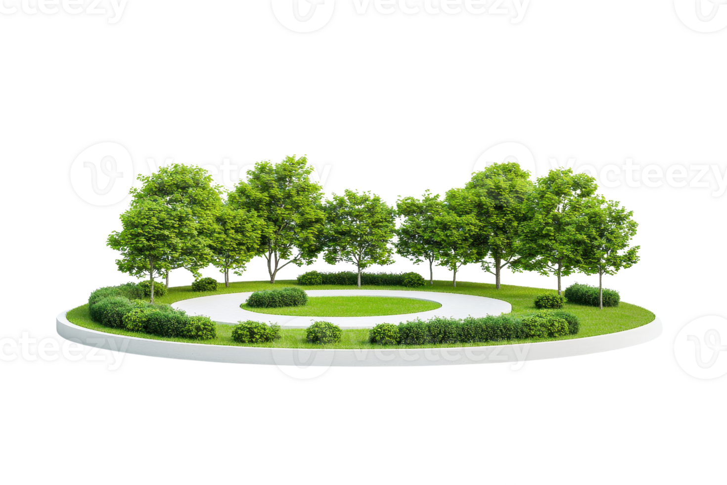 A circular arrangement of vibrant green trees and shrubs, creating a lush, natural landscape. png