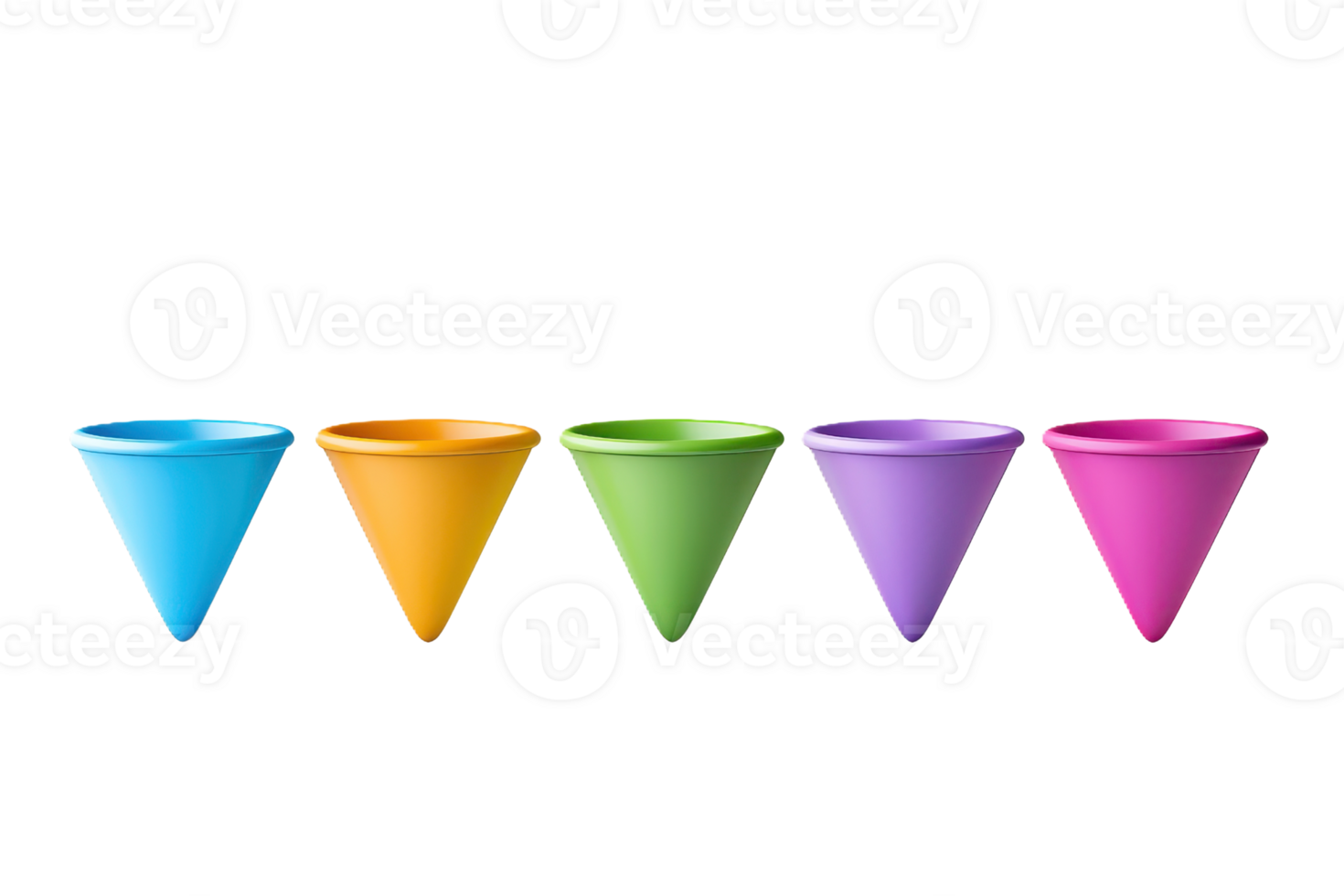 Five colorful cone-shaped containers arranged in a row, showcasing a spectrum of vibrant hues. png