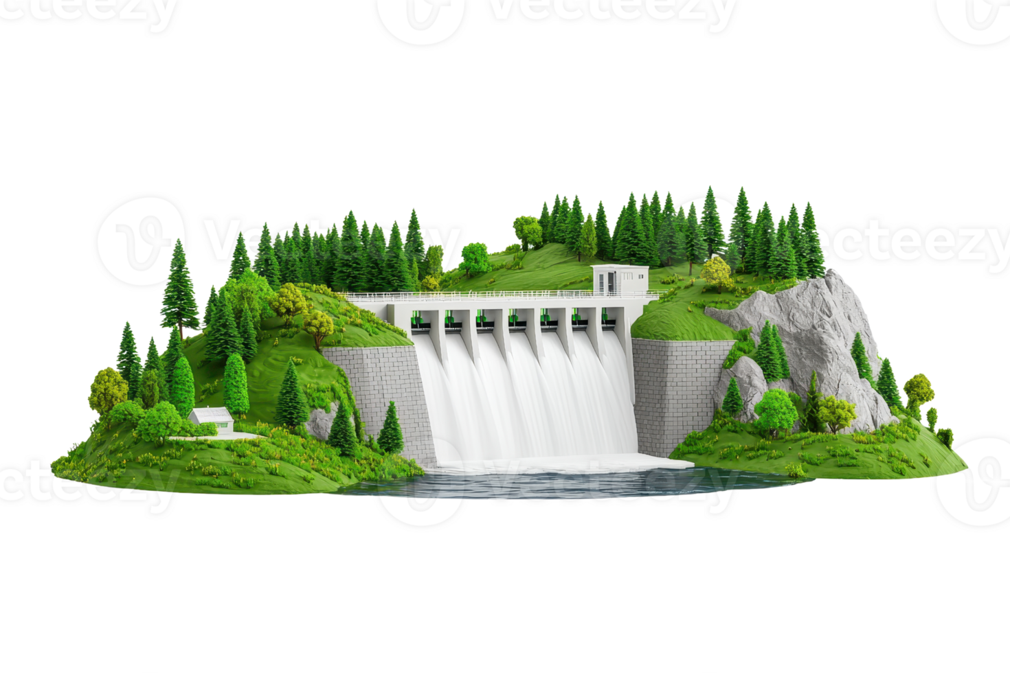 A miniature dam model surrounded by lush greenery and flowing water, showcasing detailed landscaping and natural features. png
