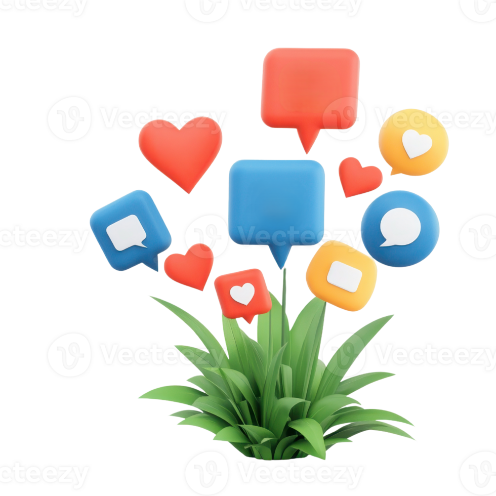 Colorful speech bubbles emerge from vibrant green grass, representing communication and social interaction in a playful manner. png